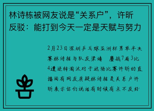 林诗栋被网友说是“关系户”，许昕反驳：能打到今天一定是天赋与努力，世界排名也不是送给他的