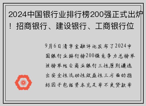 2024中国银行业排行榜200强正式出炉！招商银行、建设银行、工商银行位居竞争力总榜单前三位……