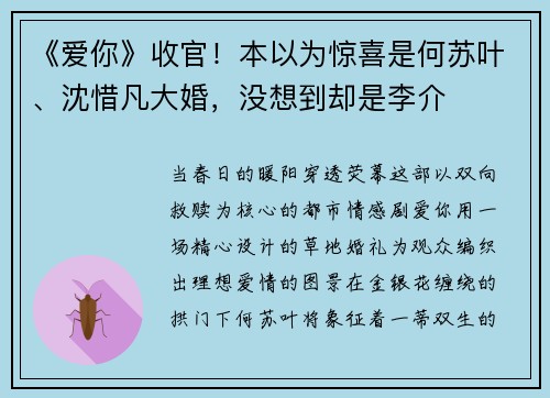《爱你》收官！本以为惊喜是何苏叶、沈惜凡大婚，没想到却是李介