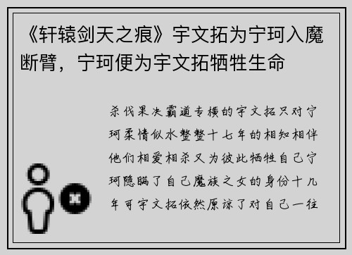 《轩辕剑天之痕》宇文拓为宁珂入魔断臂，宁珂便为宇文拓牺牲生命