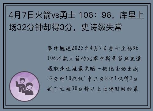 4月7日火箭vs勇士 106：96，库里上场32分钟却得3分，史诗级失常