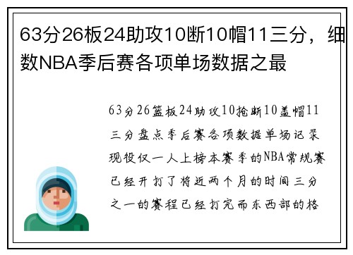 63分26板24助攻10断10帽11三分，细数NBA季后赛各项单场数据之最