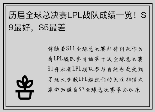 历届全球总决赛LPL战队成绩一览！S9最好，S5最差