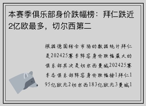 本赛季俱乐部身价跌幅榜：拜仁跌近2亿欧最多，切尔西第二